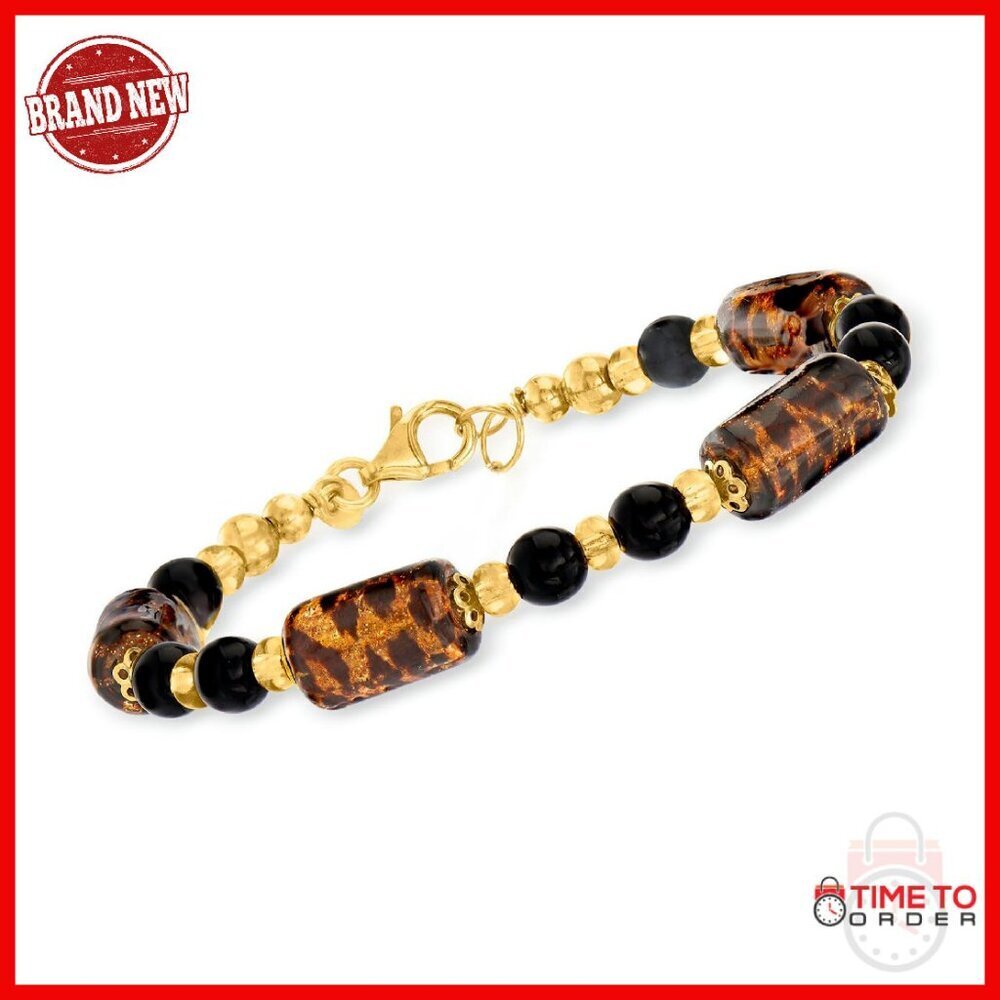 Italian Murano Glass Bead Bracelet 7in 18kt Gold Over Sterling Silver